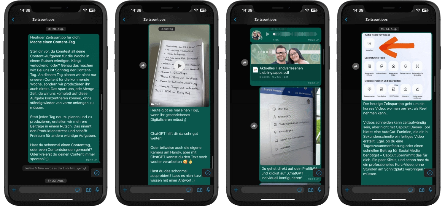 Vier Handys nebeneinander mit Zeitspartipps: Content-Tag, ChatGPT-Tipp, Sprachnachricht mit PDF und ein Video-Tool