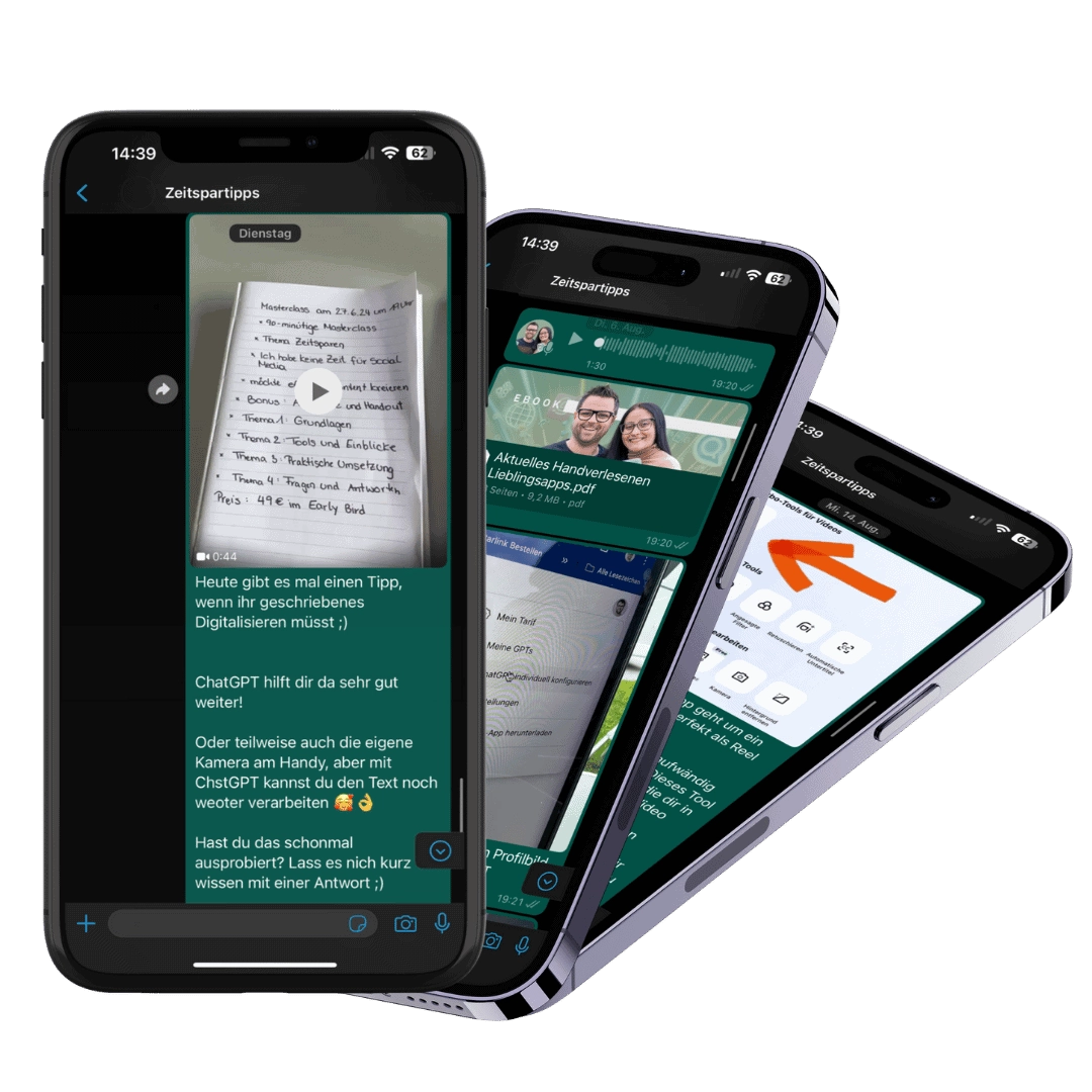 Drei Handys mit echten Zeitspartipps im WhatsApp-Chat
